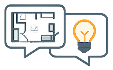 Illustration - Clarifier - Intësia Design Plan de pièce avec une ampoule symbolisant des idées ou des conseils d'aménagement.