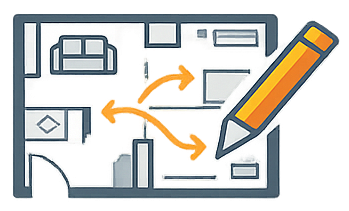 Illustration Agencer - Intësia Design Plan d'étage avec flèches et crayon, illustrant la réorganisation de l'espace.