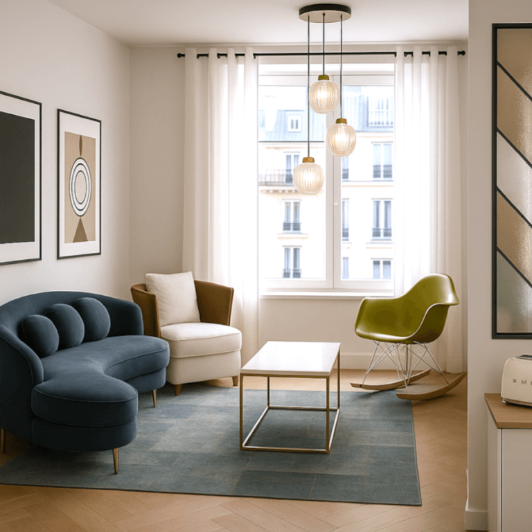 Aménagement pièce à vivre - projet Intësia Design Salon moderne avec canapé bleu, fauteuil blanc, rocking chair vert et table basse.