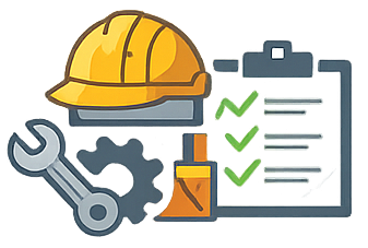 Illustration Réaliser - Intësia Design Casque de sécurité, outillage et liste de vérification pour un site de construction.