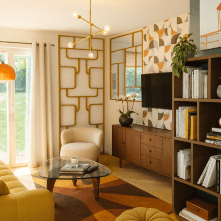 Rénovation globale maison familiale - projet espaces liés Intësia Design Salon élégant avec mobilier moderne, tapisserie colorée et abondante lumière naturelle.